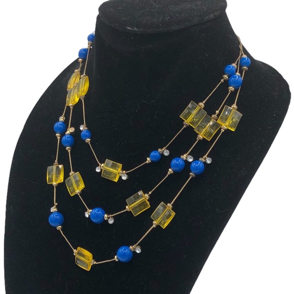Multi Strand Necklace Blue Yellow Beads Rhinestones Statement Extender - Picture 2 of 7